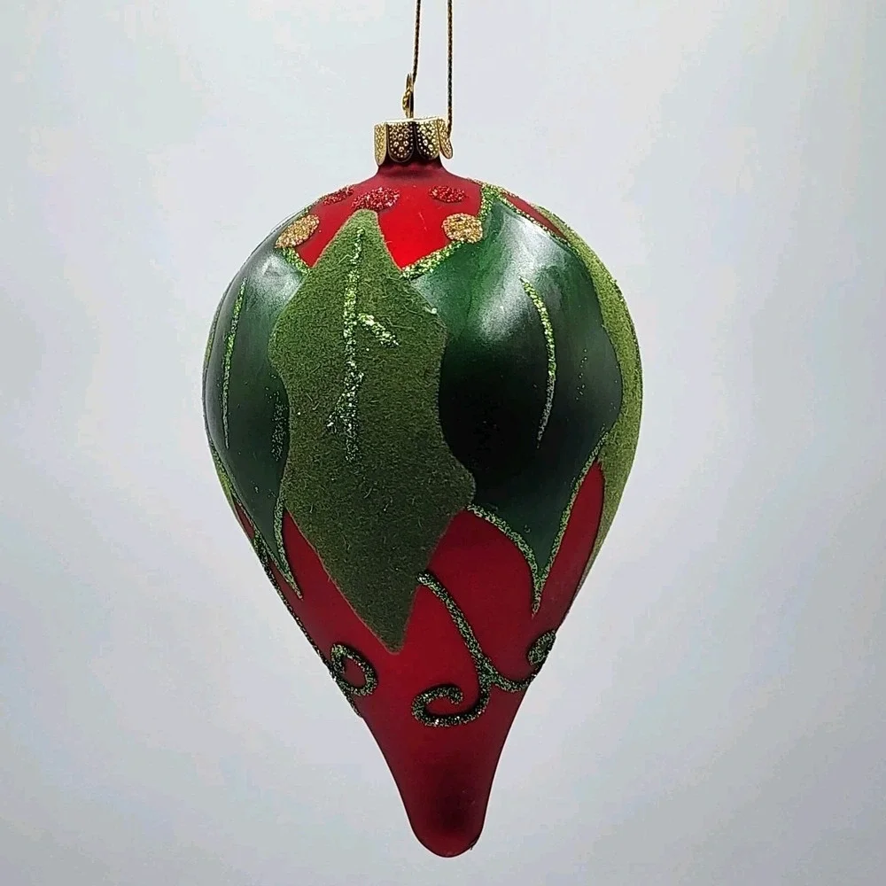 Vintage Hand Painted Teardrop Glass Ornament Red Textured with Holly Leaves Cute